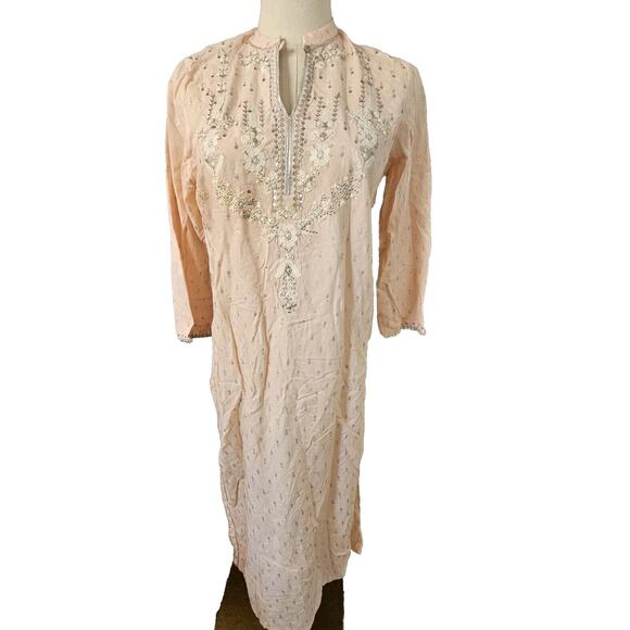 W For Woman Baby Pink Metallic Silver Kurta‎ Maxi Dress 3/4 Sleeve Hippie Medium - Picture 1 of 6